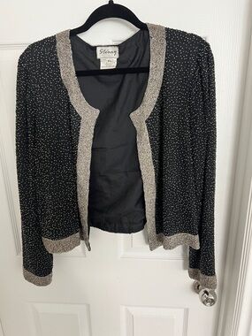 Vintage Stenay Black Cardigan Jacket with Silver Trim and Beading